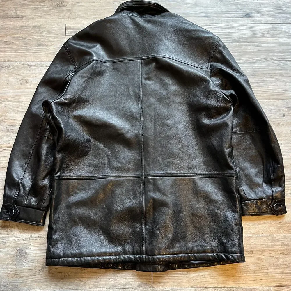 Striwa Leather Jacket Vintage Black Men XL Winter 90s Zip Button Pockets - Picture 2 of 10